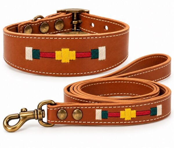 Collar y correa artesanales de cuero RF-60017-cuero Conjunto Collar y Correa para Perro en Cuero Artesanal – Diseño Ecuestre Bordado