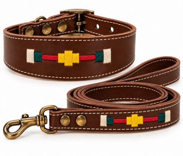 Collar y correa artesanales de cuero RF-60017-marron Conjunto Collar y Correa para Perro en Cuero Artesanal – Diseño Ecuestre Bordado