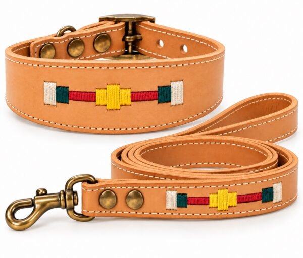 Collar y correa de cuero bordado RF-6017-natural Conjunto Collar y Correa para Perro en Cuero Artesanal – Diseño Ecuestre Bordado