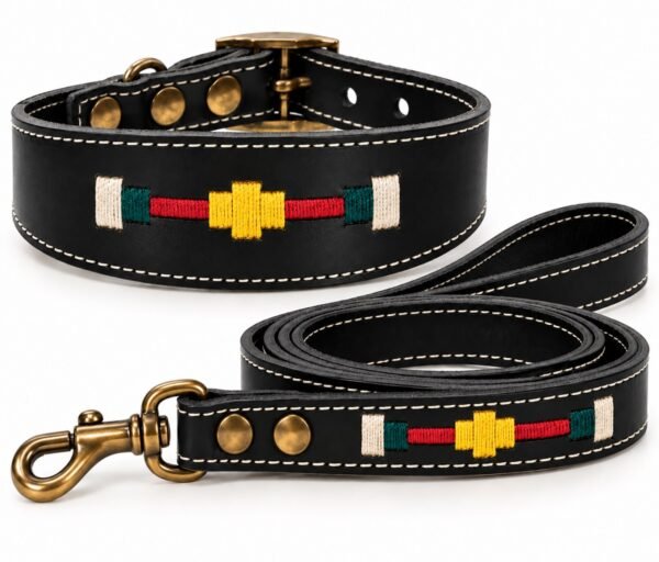 Collar y correa de cuero bordado RF-6017-negro Conjunto Collar y Correa para Perro en Cuero Artesanal – Diseño Ecuestre Bordado