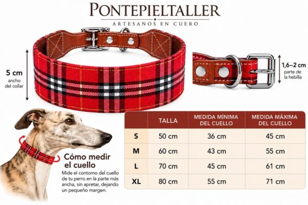 Collar Ancho para Perro en Cuero y Tela Tartán Roja – Artesanal PontepielTaller