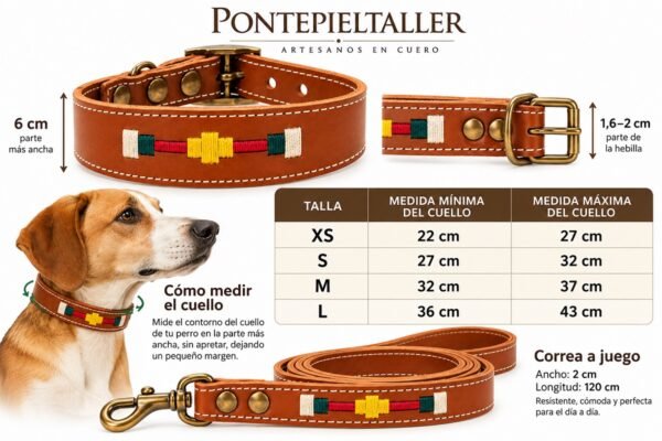 Guía de tallas para collar y correa artesanal rf-6017 Conjunto Collar y Correa para Perro en Cuero Artesanal – Diseño Ecuestre Bordado