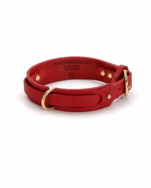 RF-4013-ROJO-1 Collar de Cuero Artesanal para Perros con Doble Anilla y Hebilla Dorada | PontepielTaller