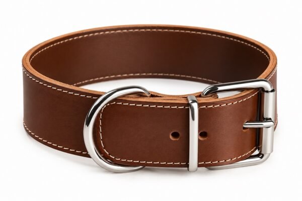 RF-6012-Collar de cuero marrón con herrajes plateados Collar Ancho de Cuero para Perros Grandes 5 cm – Artesanal y Resistente