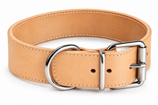 RF-6012-Collar de cuero natural con herrajes plateados Collar Ancho de Cuero para Perros Grandes 5 cm – Artesanal y Resistente