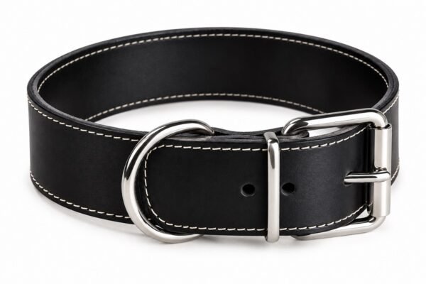 RF-6012-Collar de perro de cuero negro en detalle Collar Ancho de Cuero para Perros Grandes 5 cm – Artesanal y Resistente