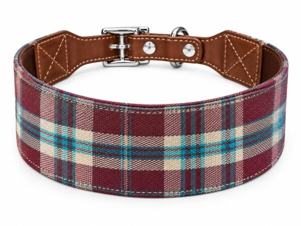 Collar Ancho para Perro en Cuero y Tela Tartán Roja – Artesanal PontepielTaller