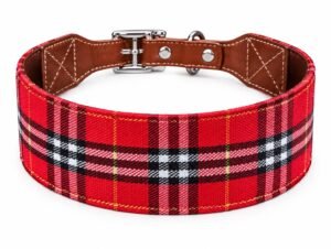 RF-6014-ROJO Collar Ancho para Perro en Cuero y Tela Tartán Roja – Artesanal PontepielTaller