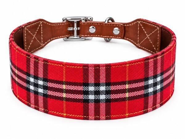 Collar Ancho para Perro en Cuero y Tela Tartán Roja – Artesanal PontepielTaller
