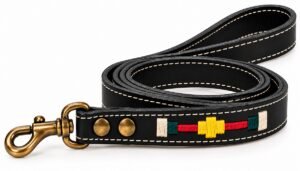 RF-6050-CORREA-COSIDA-ARGENTINA-NEGRO-1 Correa para Perro 2cm de Cuero Artesanal con Adorno Multicolor y Herrajes Oro Viejo